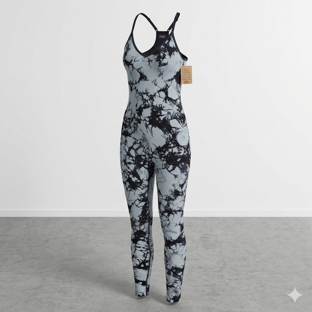 Victoria's Secret PINK Seamless V Full Length Jumpsuit Tie Dye Gray Blue Small